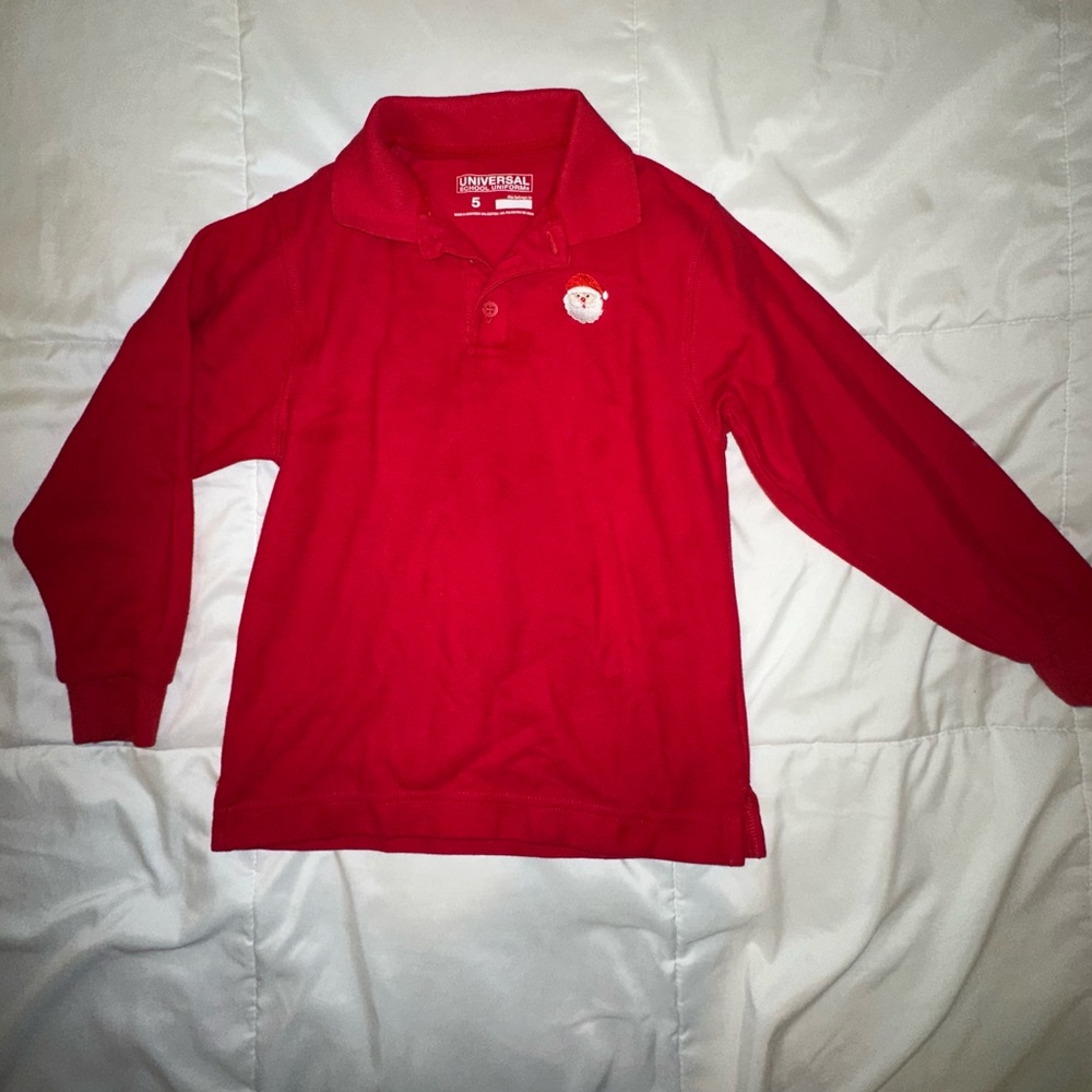 Santa Embroidered Red Polo Long Sleeve Shirt Size 5